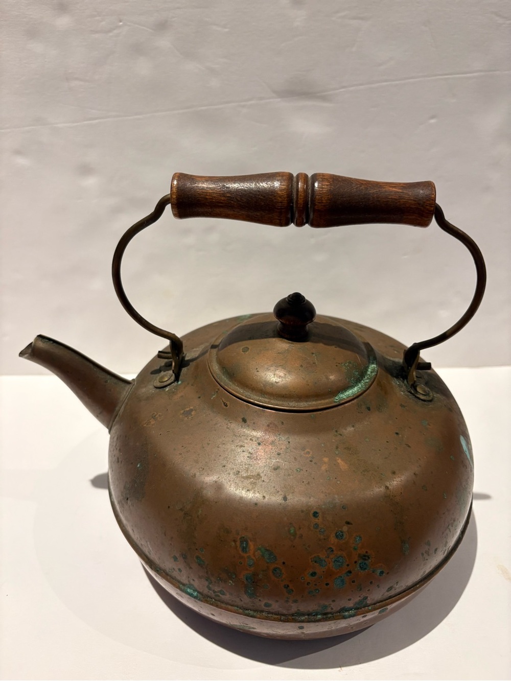 Vintage Grandmacore Cottagecore Copper-Patina Tea Kettle with Wooden Handle